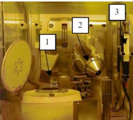 顯示晶片卡盤（1），帶噴頭（2）的旋轉(zhuǎn)臂和光刻膠注射泵（3）[2]的噴涂裝置的照片。