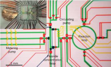 圖6：用于合成2-脫氧-2- [18 F]氟-D-葡萄糖（[18 F] FDG）的微流體反應(yīng)器。請注意相應(yīng)標(biāo)簽的設(shè)備的子單元。可以看出，該設(shè)備的整個(gè)占地面積幾乎不大于硬幣。Lee等人的圖片 “使用集成微流體的放射性標(biāo)記成像探針的多步合成”。