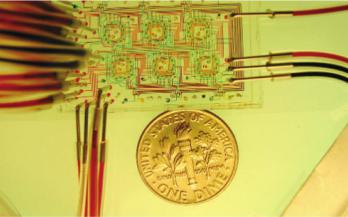 圖1：一種微流體恒化裝置，展示了可以包含在非常小的尺寸內(nèi)的高密度微流體通道。來自Balagaddé等人的圖片&nbsp;“長期監(jiān)測在微型恒溫器中進(jìn)行程序化群體控制的細(xì)菌。