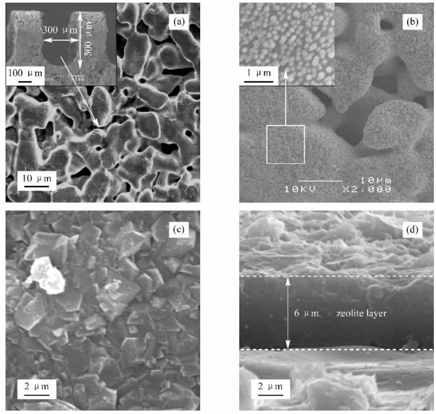 圖2不銹鋼微通道內(nèi)表面、引入晶種以及沸石生長成膜的電鏡照片